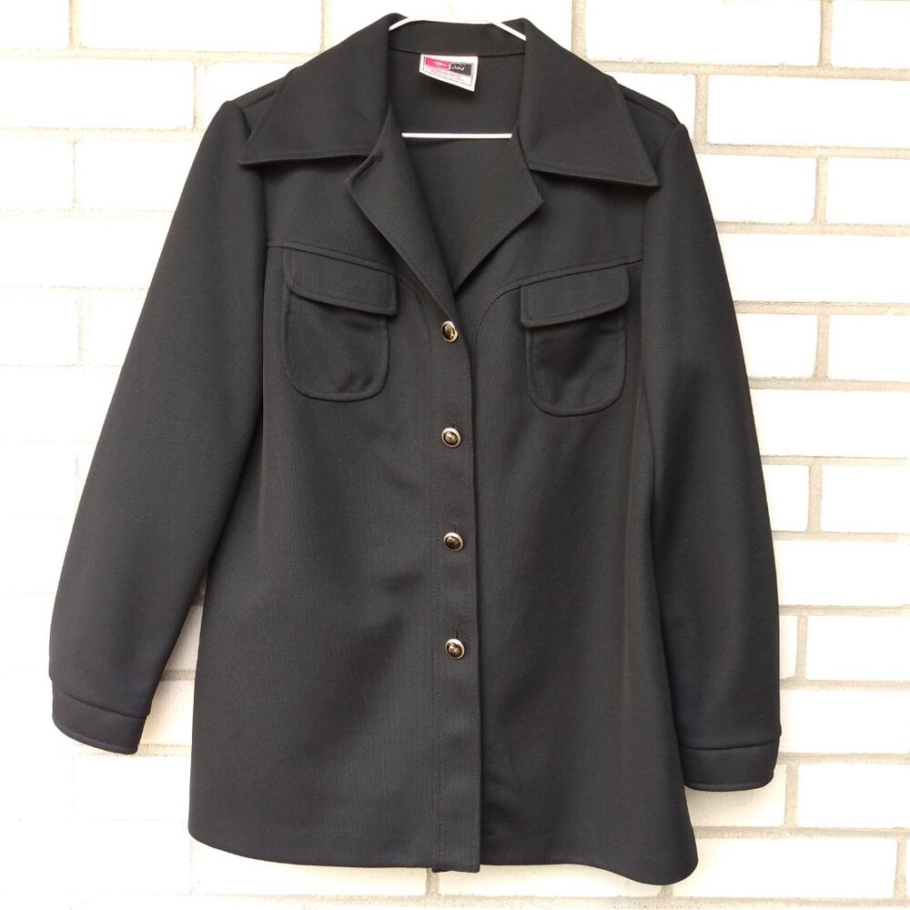 Vintage 70s Black Polyester Shirt Jacket Wide Butterfly Collar 40.5" Bust Retro